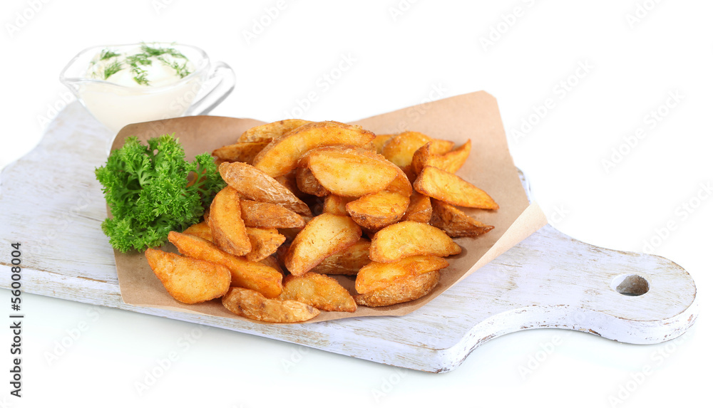 Home potatoes on tracing paper on wooden board isolated on