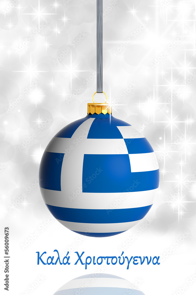 Merry Christmas from Greece. Christmas ball with flag - obrazy, fototapety, plakaty 