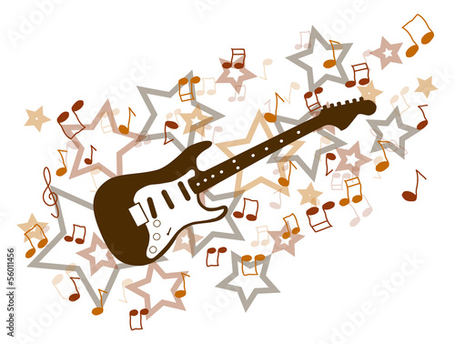 Brown guitar with notes and stars illustration