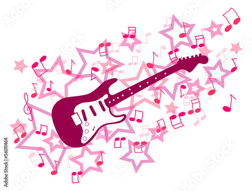 Pink guitar with notes and stars illustration