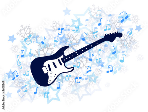 Blue guitar with notes and stars illustration