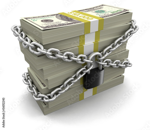 Pile of Dollars and lock (clipping path included)