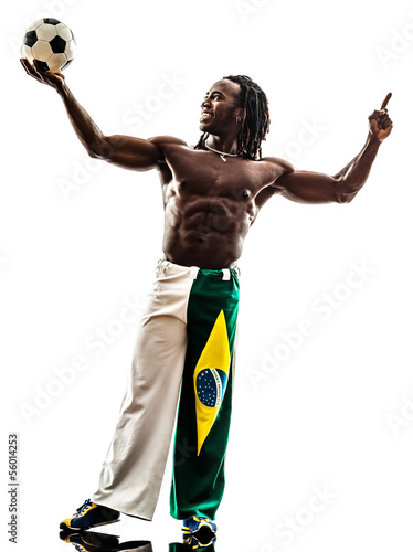 brazilian  black man soccer player holding showing football