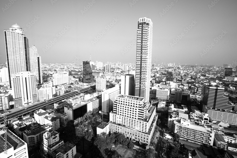 Bird's-eye view of Bangkok, Thailand, black and white photo