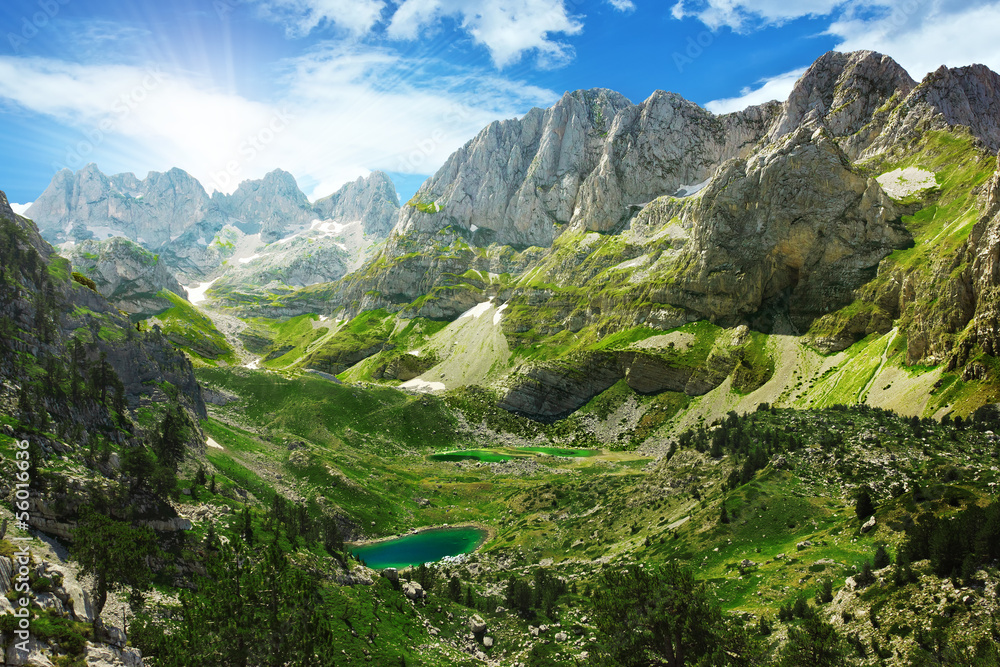 Amazing view of mountain lakes in Albanian Alps - obrazy, fototapety, plakaty 