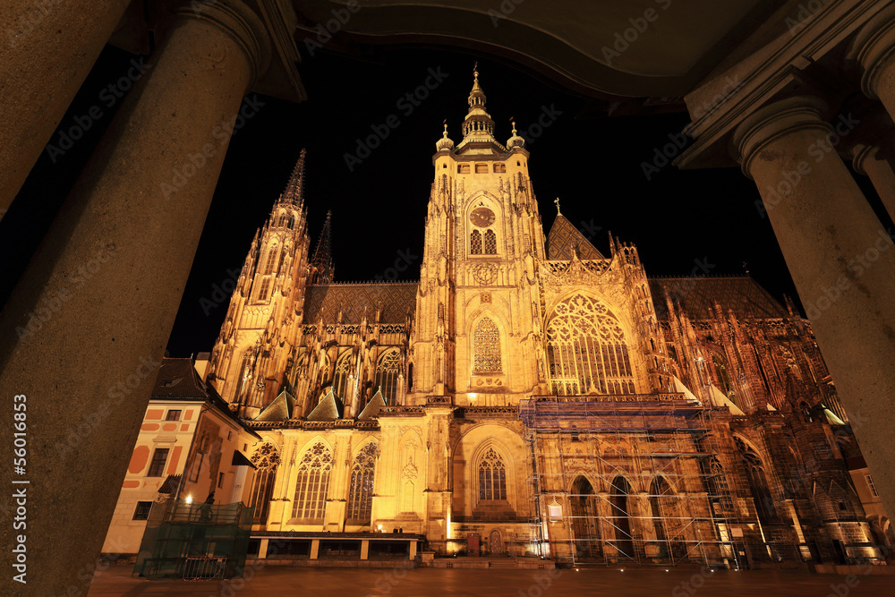 Gothic St. Vitus' Cathedral on Prague Castle in the Night