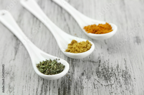 Assortment of spices in  white spoons, on wooden background