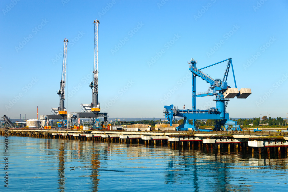 Large gantry and cranes at the port of Gdansk, Poland.