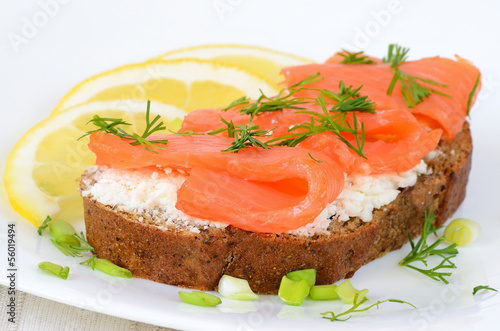 Sandwich with salmon and lemon slices