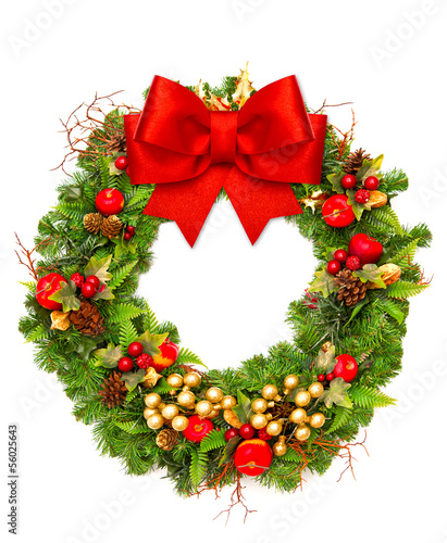 christmas wreath with red ribbon and golden decoration