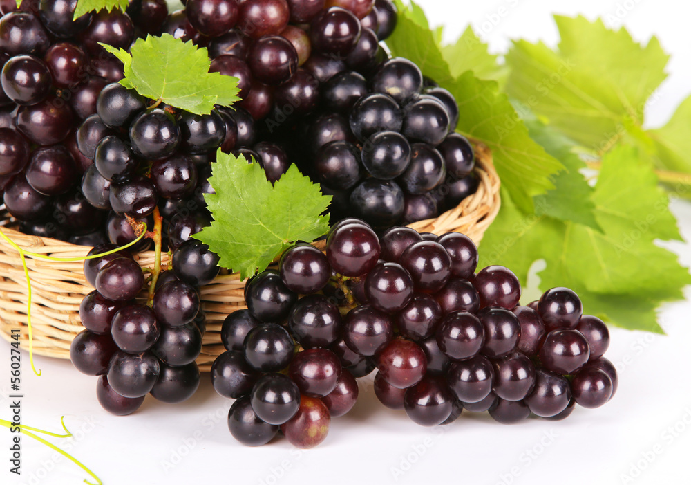 Grapes in basket with leaf on white background Grapes in basket with leaf on white background