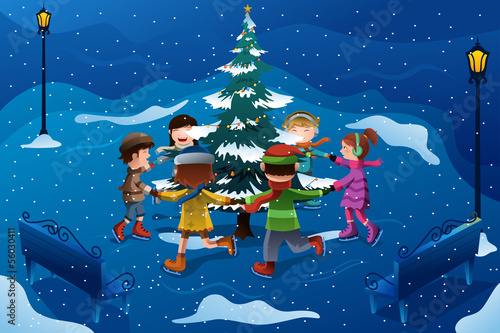 Children skating around a Christmas tree
