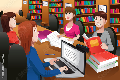 College students studying in a library