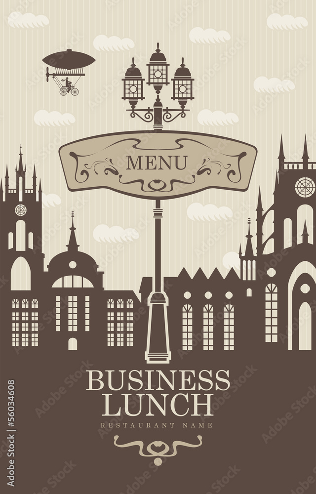 menu for business lunches with the old town and a street lamp