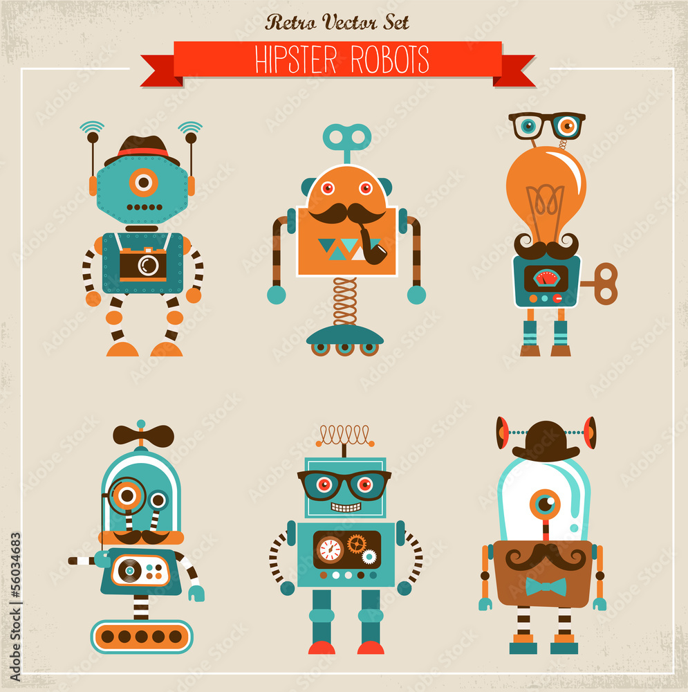 Fototapeta premium Set of vintage hipster robot icons