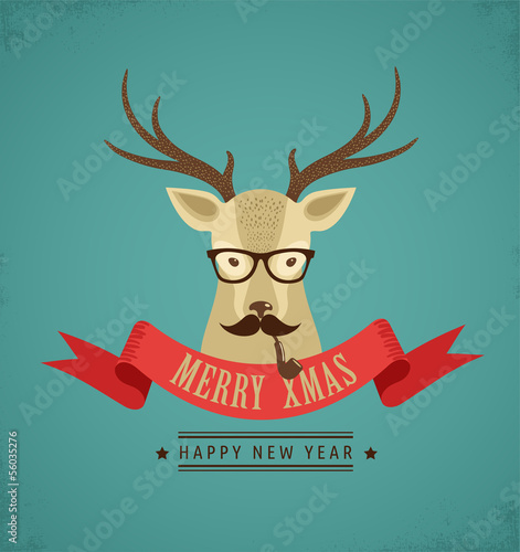 Christmas background with hipster deer and ribbon