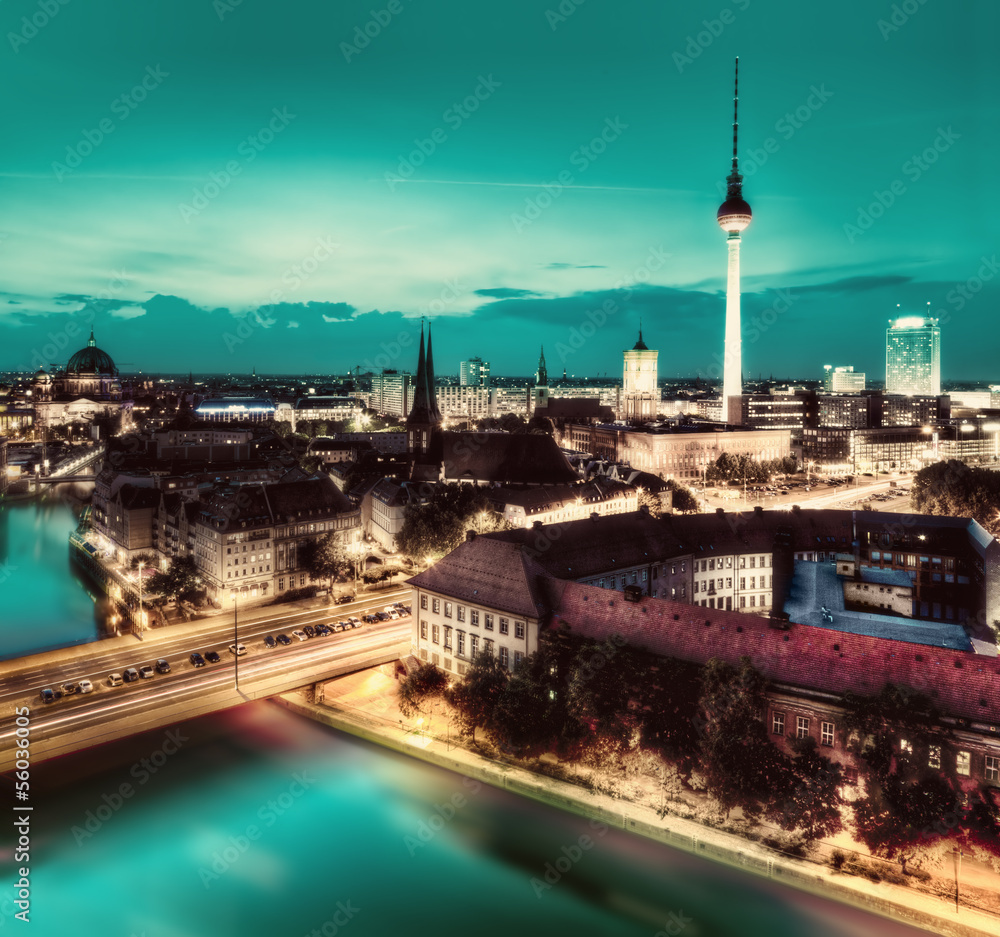 Berlin, Germany major landmarks at night