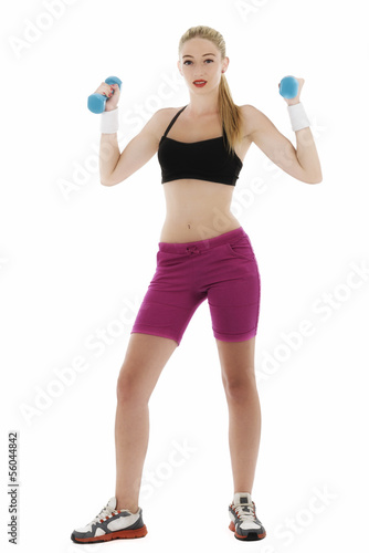 Beautiful slim woman with dumbbells, isolated on white backgroun