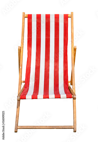 Fotografie Red and white striped canvas deckchair isolated on a white backg