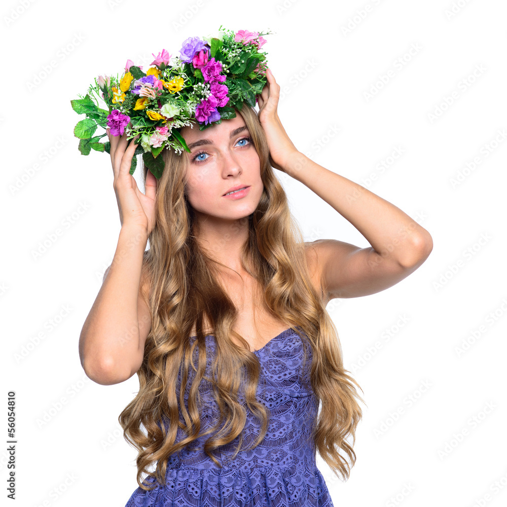 young girl with long hair and flowers on the head young girl with long hair and flowers on the head