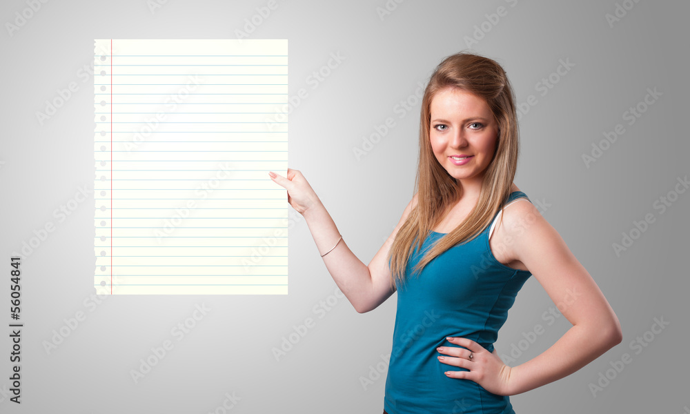 Young woman holding white paper copy space with diagonal lines Young woman holding white paper copy space with diagonal lines
