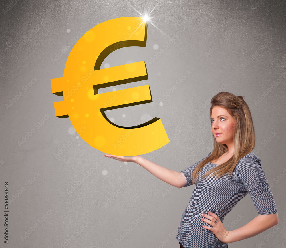Beautiful girl holding a big 3d gold euro sign