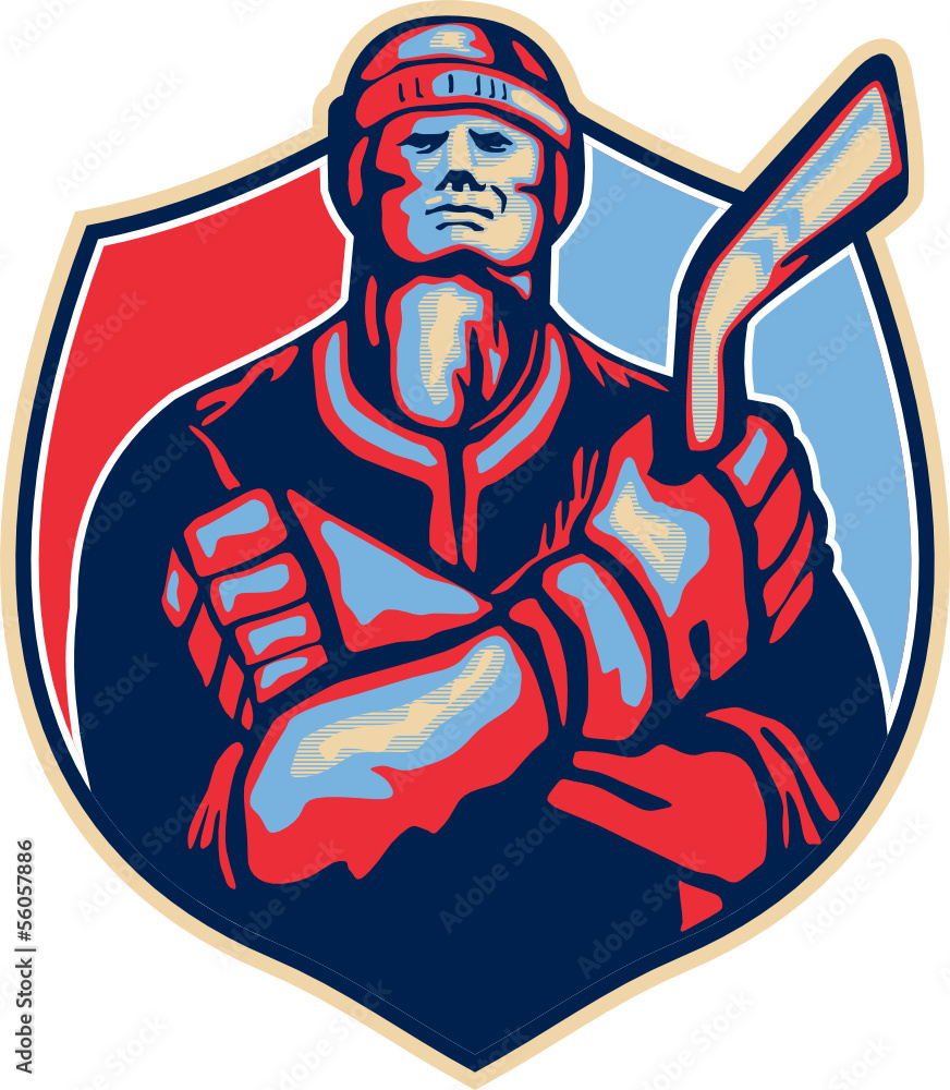 Ice Hockey Player Front With Stick Retro Ice Hockey Player Front With Stick Retro