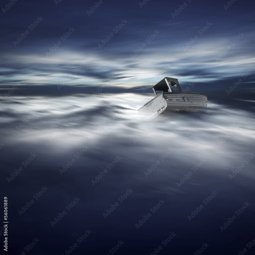 Small abandoned boat in stormy weather Small abandoned boat in stormy weather