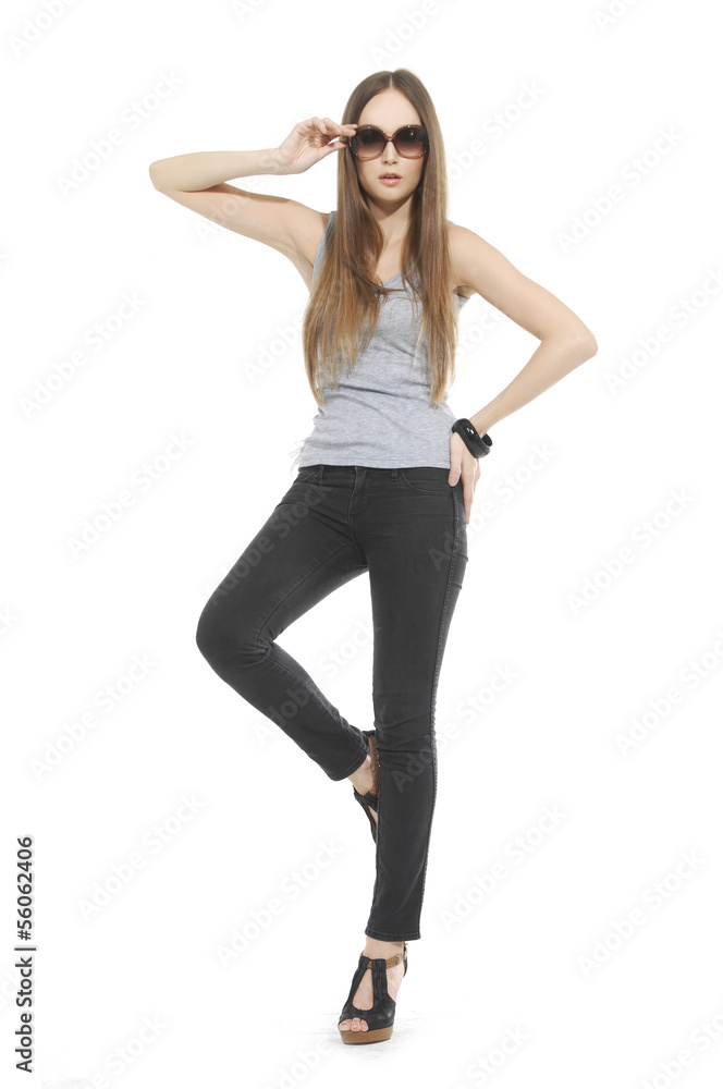 Full-length attractive young woman in sunglasses, Full-length attractive young woman in sunglasses,