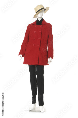 Full length female red coat with hat on a mannequin