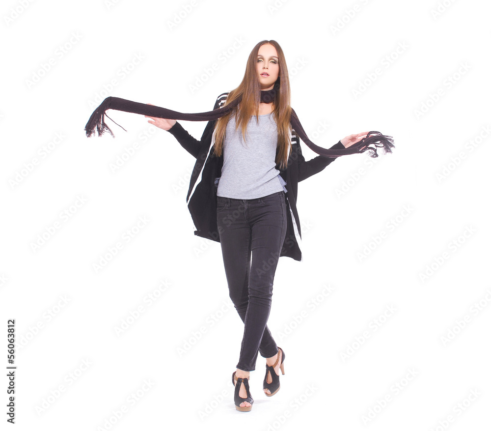 young long-haired girl with scarf posing in studio young long-haired girl with scarf posing in studio