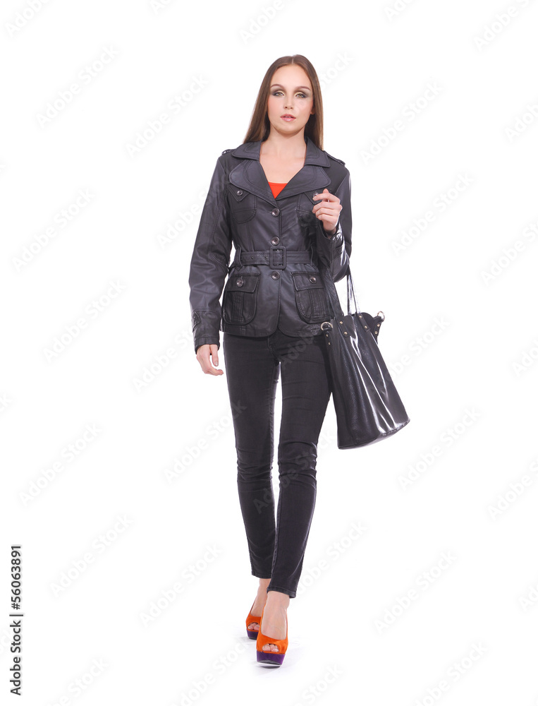 full length Slim pretty young girl with bag walking full length Slim pretty young girl with bag walking