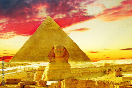 Great Pyramid of Pharaoh Khufu, located at Giza and the Sphinx.