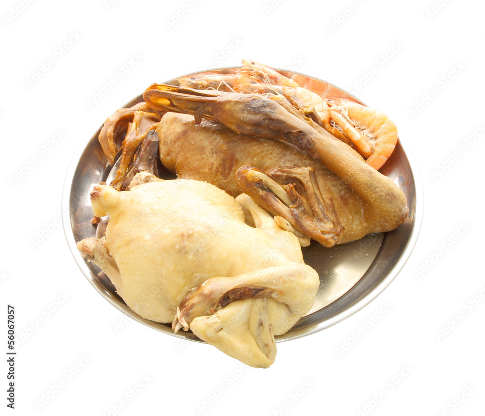 Chicken steamed and duck stewed in the gravy dish.