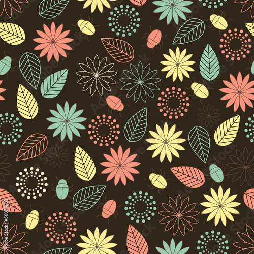 seamless background with beetles and flowers
