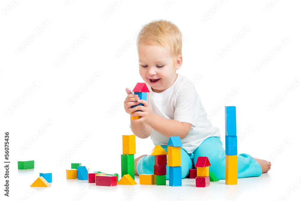 child girl playing with block toys over white background child girl playing with block toys over white background