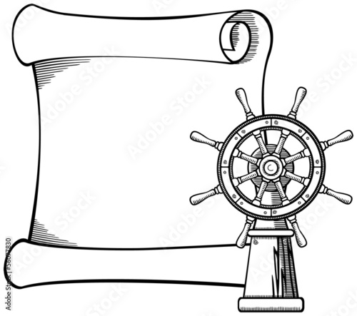 Captain's wheel and paper scroll in black and white