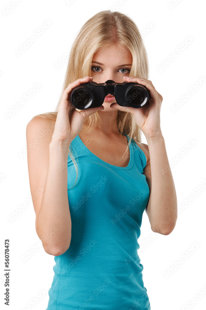 Front view of female with binoculars looking at you Front view of female with binoculars looking at you