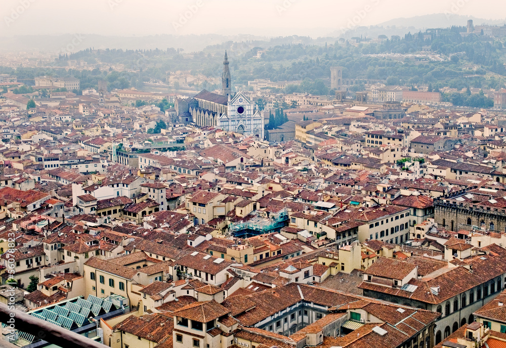 Florence panoramic view and The Basilica di Santa Croce in the d