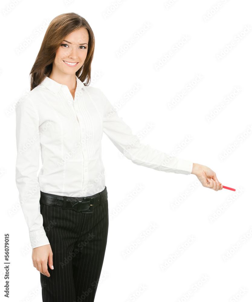 Businesswoman showing something, isolated Businesswoman showing something, isolated
