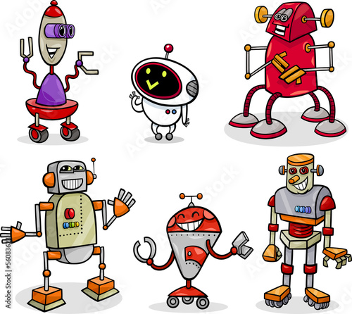 robots or droids cartoon illustration set