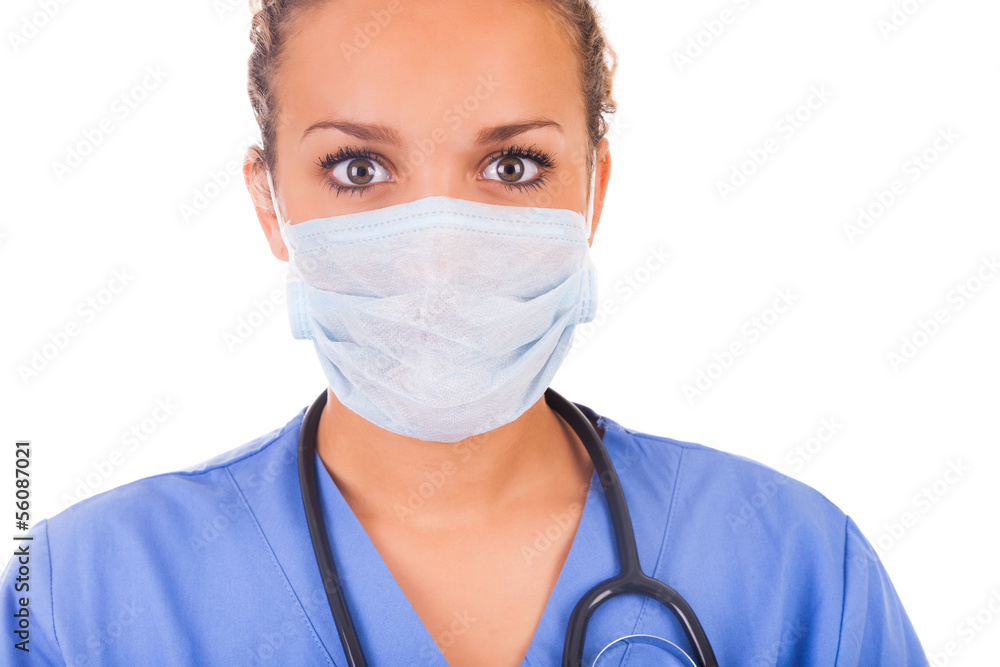Young doctor with mask and stethoscope isolated on white backgro Young doctor with mask and stethoscope isolated on white backgro