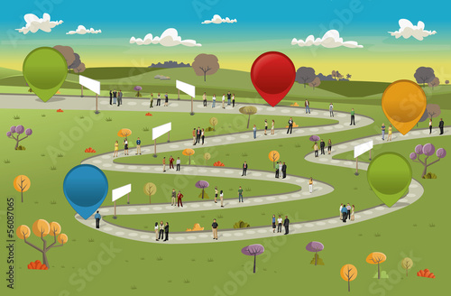 Board game with business people over path