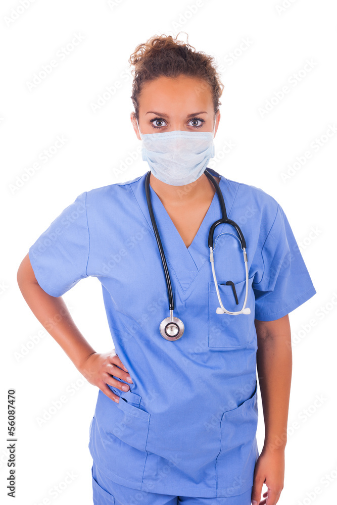 Young doctor with mask and stethoscope isolated on white backgro