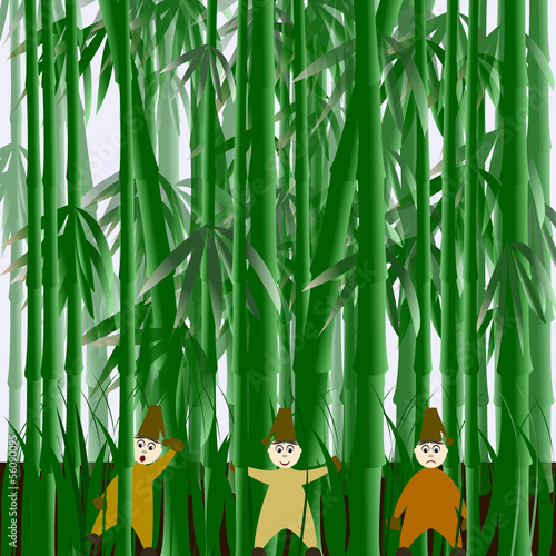 Illustration with gnomes in the field of bamboo