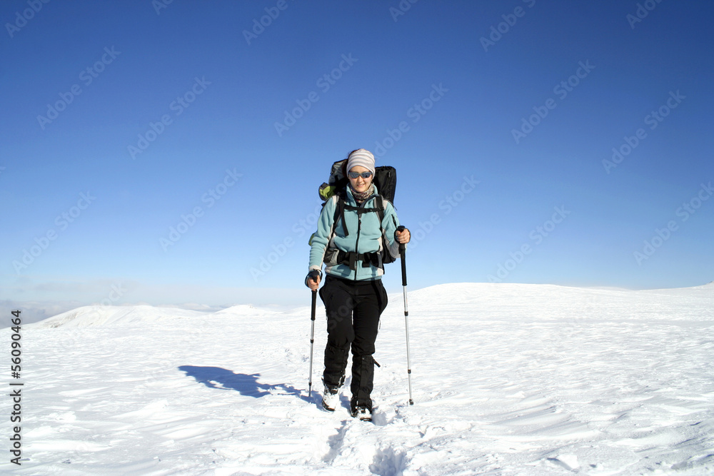 Winter hiking in snowshoes.