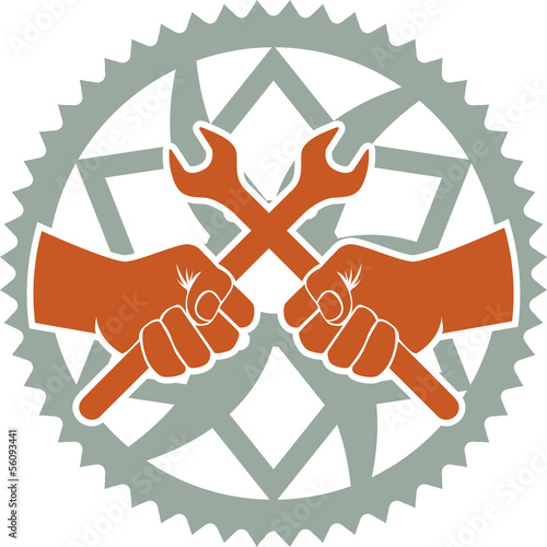 Vector bike repair badge with bike chainring and tools