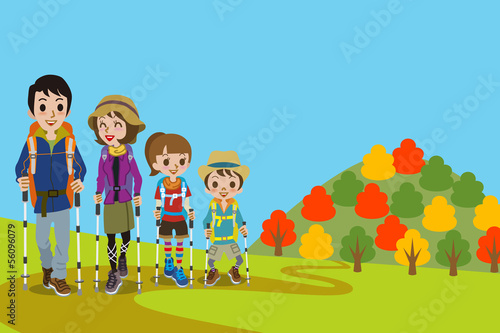 Family walking  Mountain road in fall