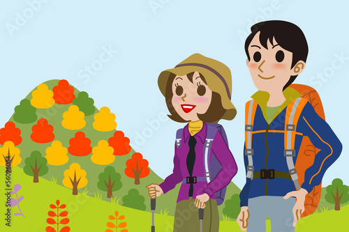 Couple Climb a mountain in fall, Waist Up