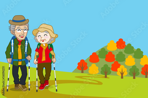 Senior couple walking  Mountain road in fall